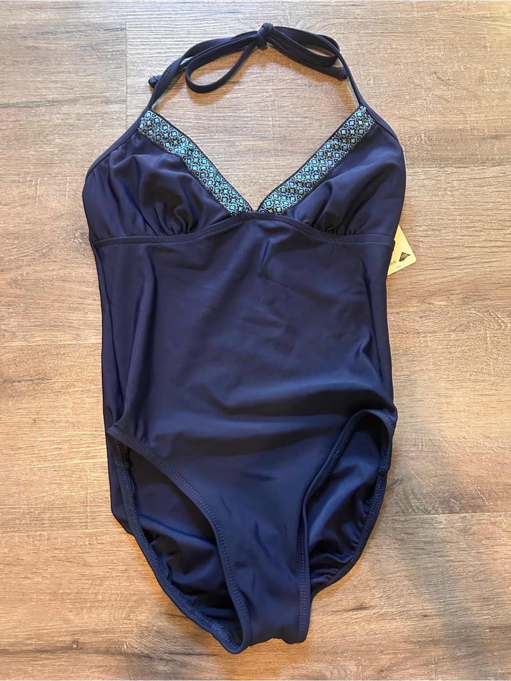 Beach Native One Piece Swimsuit Womens Size 8 Navy Blue Teal Geometric V-Neck